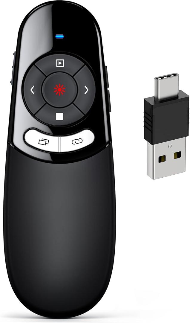 DINOSTRIKE 2 in 1 Type C and USB Presentation Clicker for Powerpoint Presentations,RF 2.4GHz Wireless Presenter Remote Slide Advancer with Volume Control for Mac Laptop Computer Office Classroom