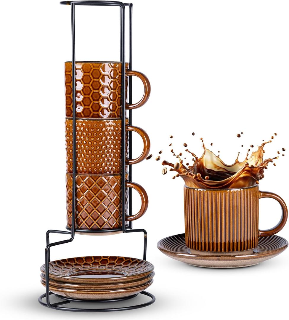 GBhome 6OZ Stackable Coffee Mugs with Stand and Saucer, Ceramic Coffee Mugs Set of 4 with Texture Patterns for Man,Woman,Dad,Mom, Modern Coffee Cups for Latte/Espresso. Dishwasher&Microwave Safe (Caramel)
