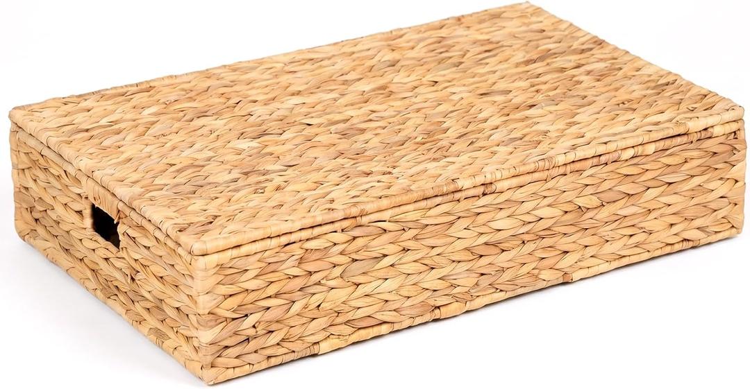 Under Bed Storage with Lid, Hand Woven Underbed Storage Basket for Bedroom, Large Underbed Storage Basket, Wicker Bed Storage Bin (PE Rattan, 60L, Single)