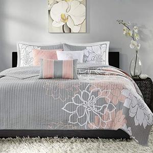 Madison Park Lola 100% Cotton Quilt Set-Casual Floral Channel Stitching Design All Season, Lightweight Coverlet Bedspread Bedding, Shams, Decorative Pillows, Full/Queen (90 in x 90 in), Blush 6 Piece