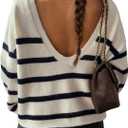 GORGLITTER Women's Oversized Striped Sweater Fuzzy Backless Long Sleeve Crew Neck Pullover (S)