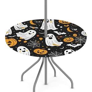 YGPARK Outdoor Fitted Round Table Cloth with Umbrella Hole, Halloween Ghosts Circle Elastic Tablecloth 36"-44" Waterproof Zipper Patio Table Cover for Picnic Camping Party Halloween Decoration