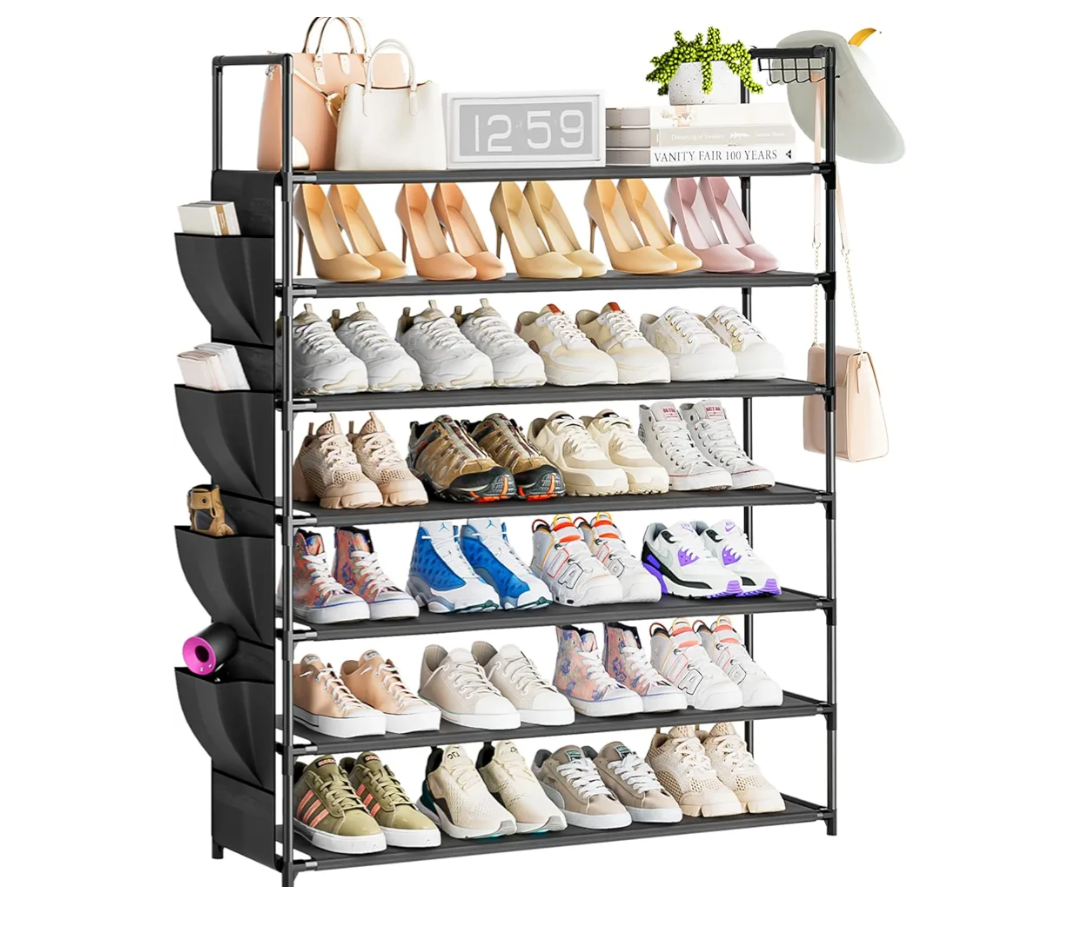 OYREL 5 Tier Shoe Organizer, 33.3in Wide x 11.2in Deep x 35.6in Tall, Black Metal and Plastic Shoe Rack with Side Bag, Holds 20-25 Pairs of Shoes