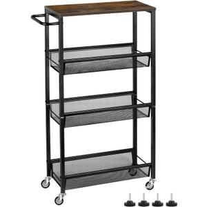MOOACE Slim Storage Cart, 4 Tier Rolling Kitchen Shelving Unit on Wheels Mobile Narrow Cart with Wooden Tabletop for Bathroom, Laundry Narrow Places, 16.6''x 7.3''x 31.1''inch (Black)