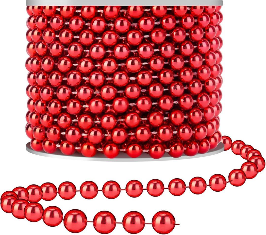 Craft Pearl 33 Feet Pearl Beads Garland for Christmas Tree, 8MM Red Faux Pearls Strings Bead Roll Strand for Wedding Party Christmas Tree Decoration