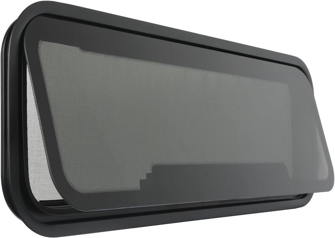 New Breathable RV Window for Rainy Days, 35" x 12" Tinted RV Window with Net Screen and Trim Ring, Fit for 2" Thickness Wall, DOT Approved, Small Opening Angle for Anti-Theft