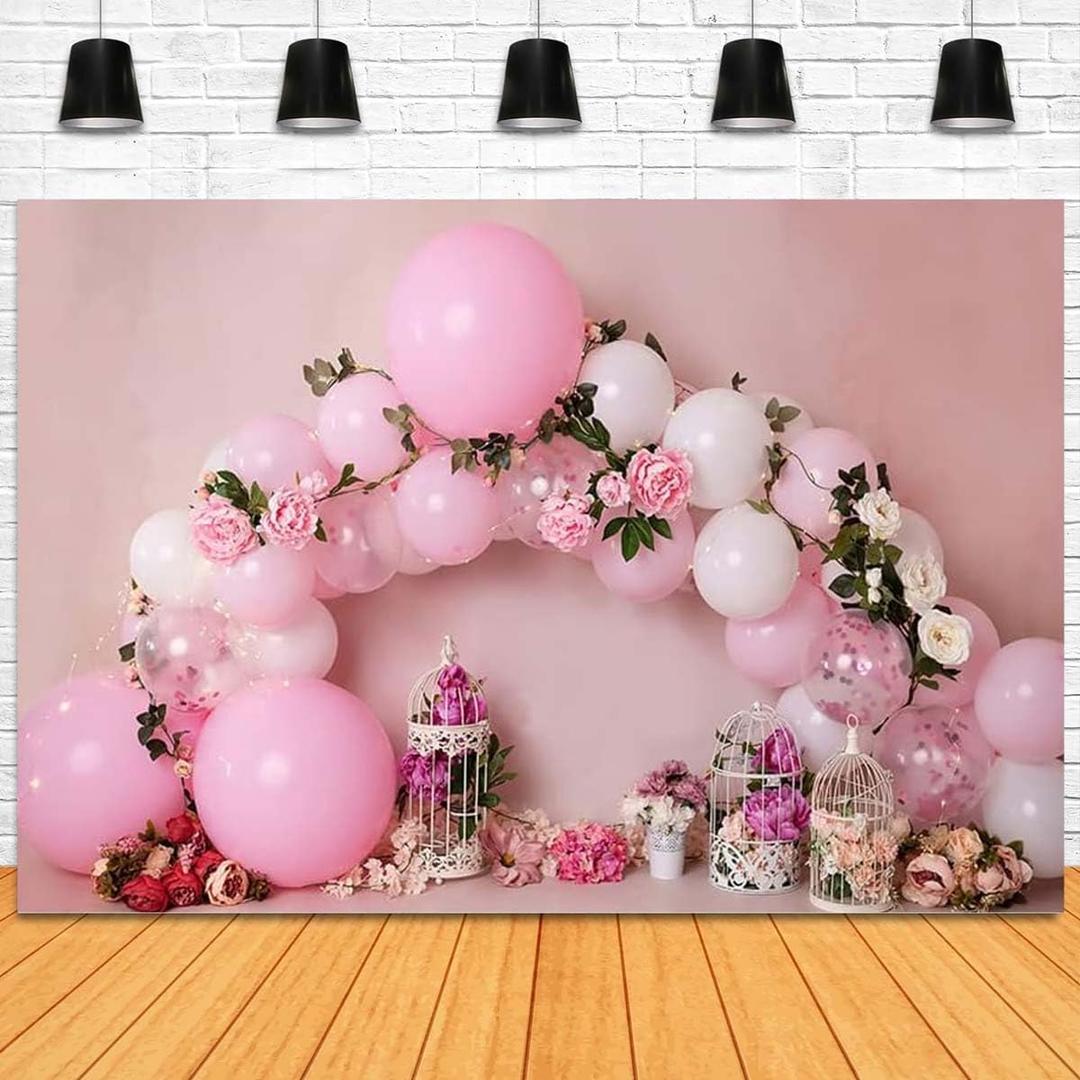 Spring Pink Balloons Floral Photography Backdrop Birdcage Princess 1st Birthday Party Photo Girl Portrait Background Sweet Girl First Birthday Party Baby Shower Party Decorations Background,7x5ft (7x5ft)