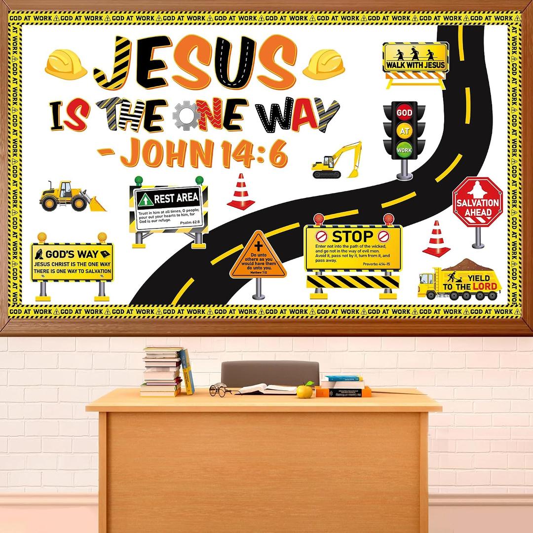 2 x Christian Construction VBS Bulletin Board Set Construction Sunday School Decors Classroom Religious Jesus Road Signs Cutouts for Back to School Motivational Scripture Supplies VBS Decor