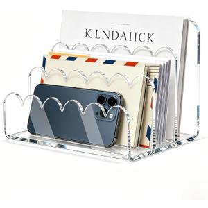 3 Compartments Acrylic Mail Organizer, Vertical File Sorter & Scalloped Desk Organizer for Letters, Envelopes, Bills, Stationery, Mail Holder for Office and Home