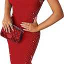 Womens Sexy Elegant Rhinestone Square Neck Sleeveless Bodycon Midi Dress Cocktail Party Club Night Out Dress (Red, XL)