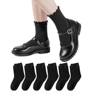 HONGTEYA 6 Pairs Girls White Ruffle Socks School Uniform Dress Socks for Kids Seamless Crew Ankle Cotton Size 4-14 Years (8-10 Years, Black)