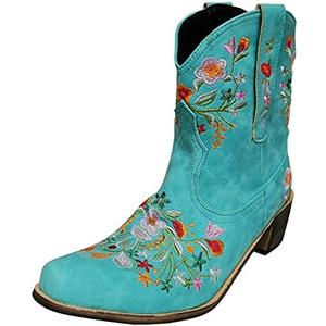gloryinterest Cowboy Boots for Women Ankle Cowgirl Boots Western Flower Embroidered Square Toe Chunky Heel Stitched Retro Black Brown Red Blue Yellow Purple US5.5-10.5