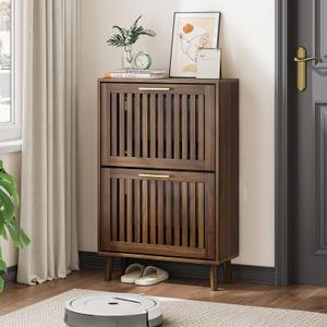 Shoe Cabinet, Shoe Storage Cabinet with Louvered 2 Flip Drawers, Narrow Shoe Cabinet Storage for Entryway, Freestanding Shoe Organizer Cabinet with Golden Handles, Slim Shoe Rack Cabinet (Walnut) (Width - 23.6 inches)