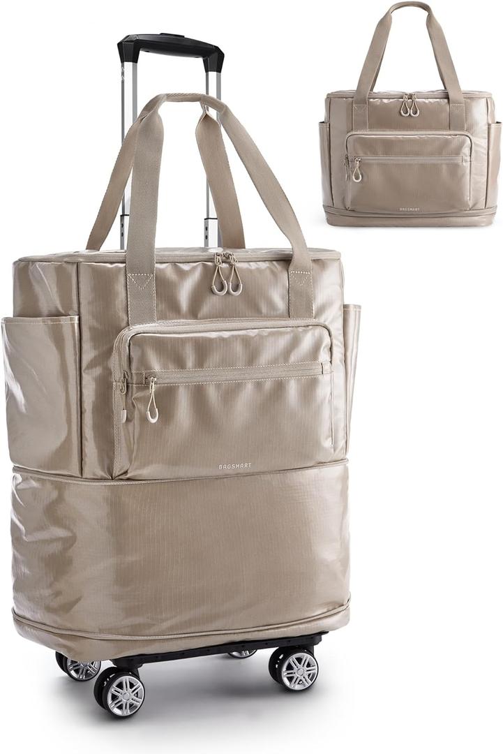 BAGSMART Rolling Duffle Bag with Wheels, 48L Expandable Carry on Luggage Bag, Large tote with Detachable Wheels for Travel Grocery Moving, Camel