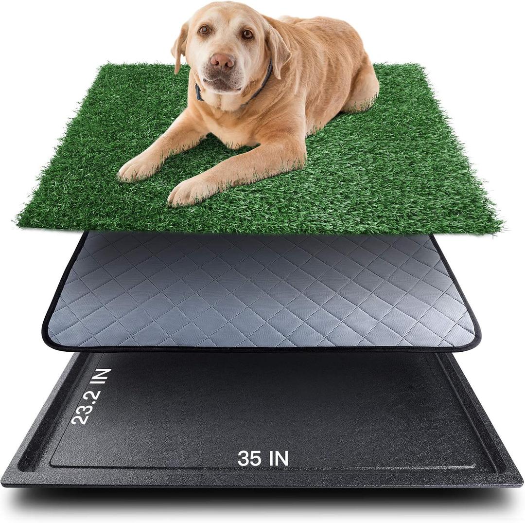 Dog Grass Pad with Tray (35inX23.2in), Grass Pee Pads for Dogs Washable and Pet Toilet Potty Tray, Quickly Absorbency Portable Dog Potty Replacement Dogs Turf Potty Training for Indoor Outdoor (1 Pc Grass Pad+1 Pc Pee Mat+1 Pc Potty Tray)