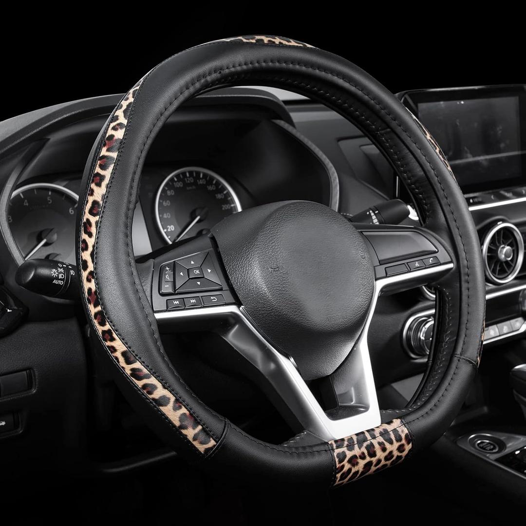 Road Comforts D-Type Steering Wheel Cover - Made with PVC Leather and Leopard Fabric - Universal Fit for 15-Inch D-Shaped Automotive Steering Wheels (Black Color)