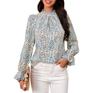 Womens Frill Mock Neck Boho Floral Tops Elegant Puff Long Sleeve Shirts 2025 Casual Vacation Outfits Work Blouse (Blue, XL)