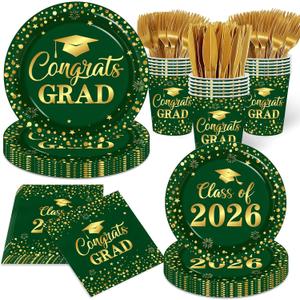Graduation Plates and Napkins, Green and Gold Graduation Decorations 2026 Tableware Class Of 2026 Grad Paper Plates and Napkins for Congrats Grad Party Decorations