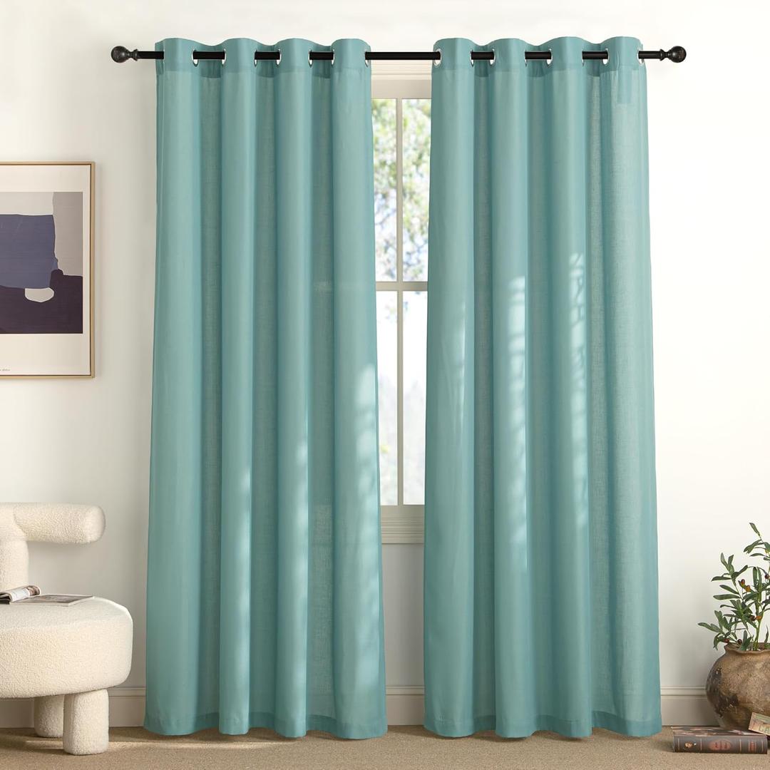 NICETOWN Greyish Blue Linen Curtains for Kitchen, Thick Flax Small Window Treatments Semi Sheer Privacy Assured with Light Through for Cafe/Bathroom, W55 x L84, 2 Panels