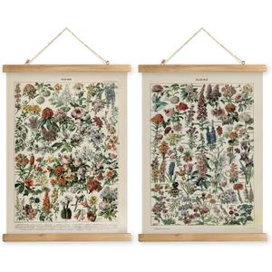 2 Pack Vintage Poster Hanger Frame, Retro Style Wall Decor Art Painting, Patterns are Printed on Linen Without Fading, Living Room Office Classroom Bedroom Playroom Apartment Decor. (Flower)