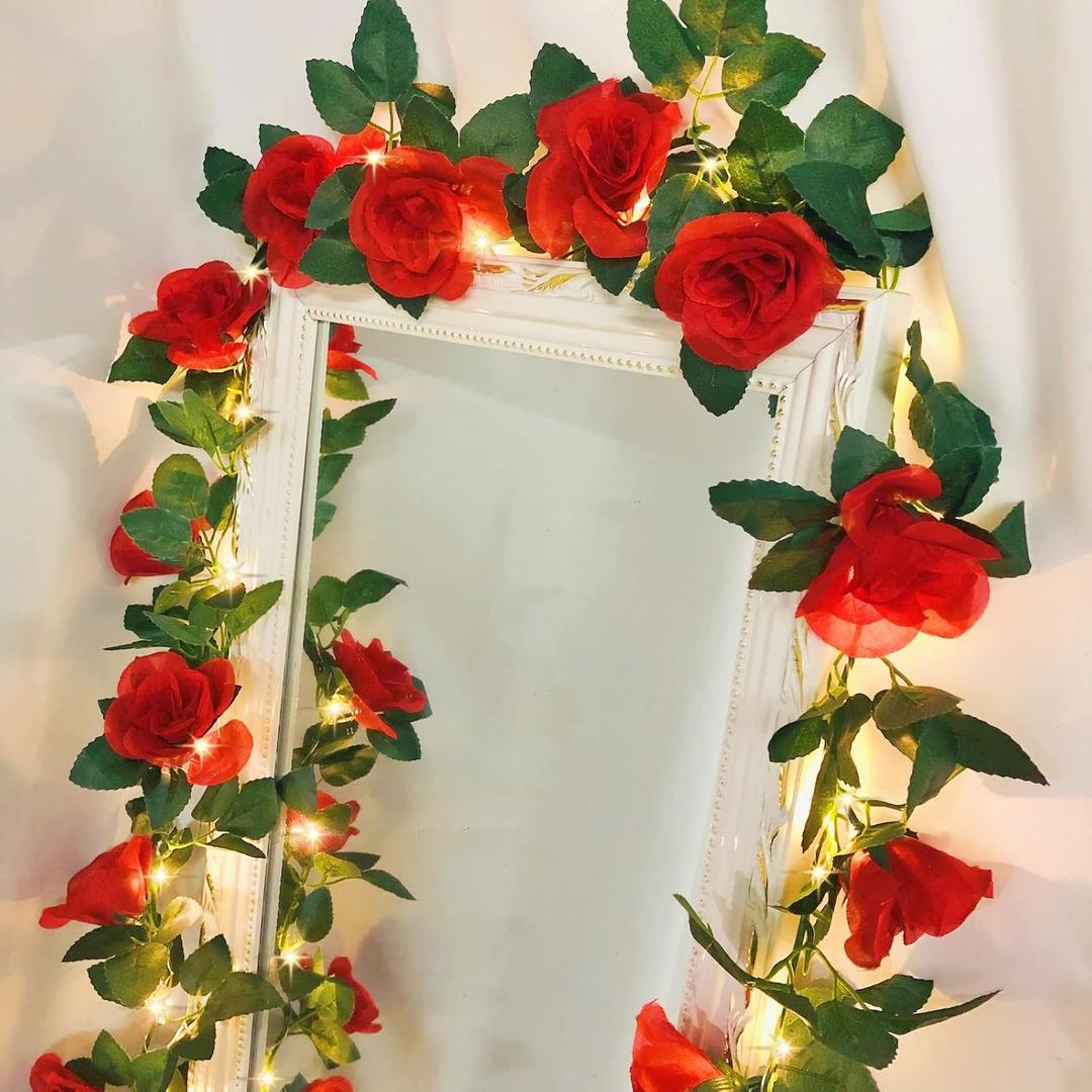 20LED 7.5ft Artificial Flower Rose Vine String Lights, Battery Powered Rose Flower Garland Plant Fairy Light for Valentine's, Wedding Bedroom Party Garden Indoor Decoration (Red)