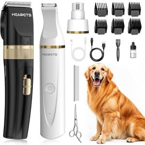 HEAPETS Dog Hair Clippers for Grooming Kit and Dog Paw Trimmer Nail Grinder for Grooming, Low Noise Rechargeable Cordless, Shaver Grooming Supplies for Pet Cats Dogs (Black, White)
