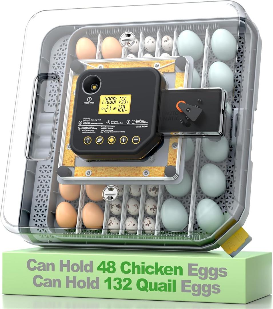 Egg Incubator for Hatching 48-132 Chicken/Quail/Turkey Eggs, 360 View Poultry Incubators with Automatic Egg Turning/Humidity Control&Alarm/Auto Water Adding/Adjustable Tray, for Beginner/Farm/Home