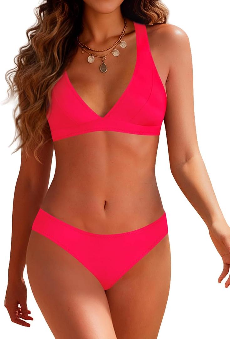 Bathing Suits for Women 2 Piece Womens Bikini Sets with Adjustable Spaghetti Straps V Neck Cheeky Swimsuit (Pink, M)