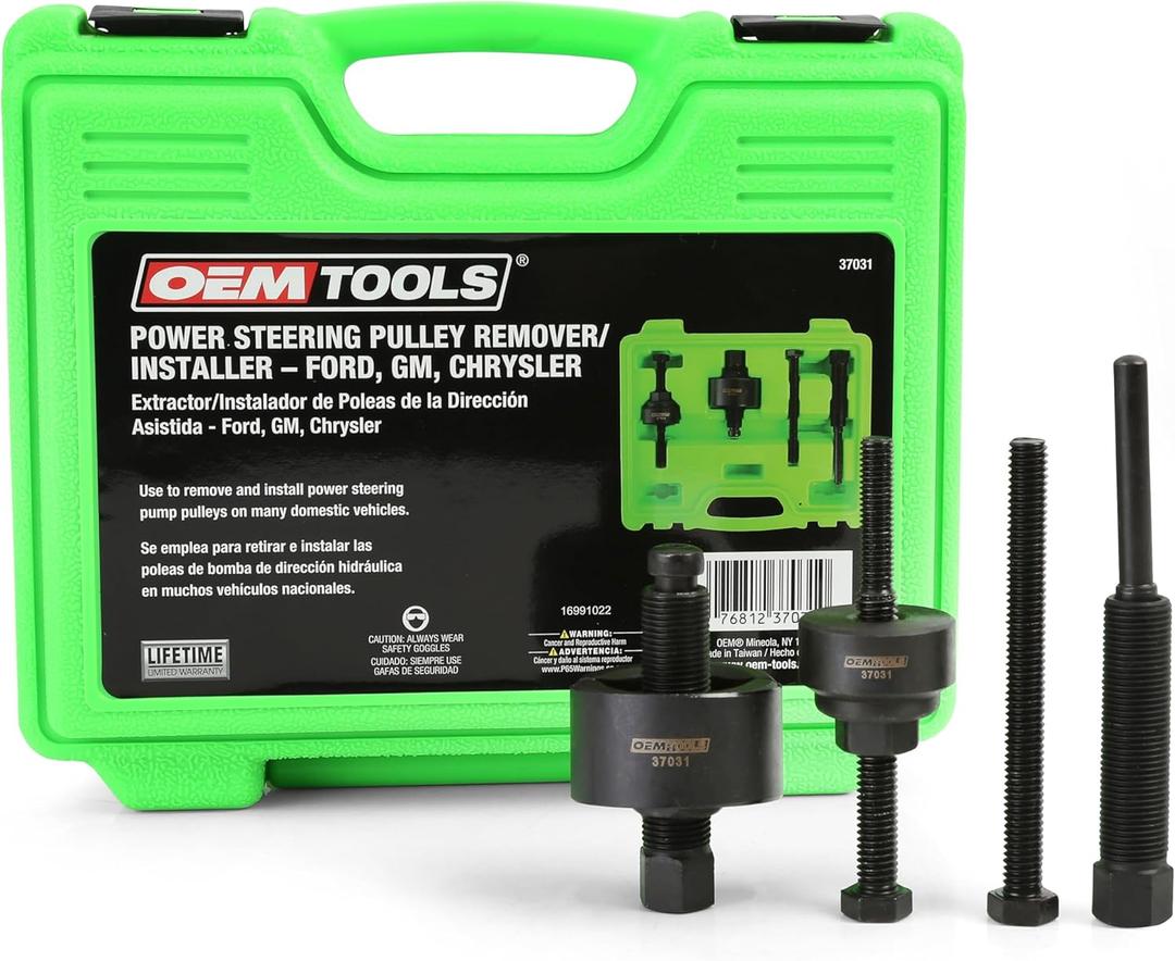 OEMTOOLS 37031 Power Steering Pulley Puller and Installer Kit, Removes and Installs Power Steering Pump Pulleys on Most Domestic Vehicles, Ford, GM, VW, Green