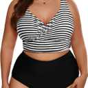 Eytino Womens Plus Size Bikini Sets High Waisted V Neck Bahting Suits Two Piece Color Block Swimsuits(1X-5X) (3X, Striped)