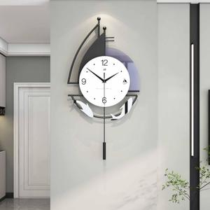 Decorative Wall Clock for Living Room, Creative Silent Non Ticking Modern Wall Clocks with Pendulum, Battery Operated, Large Wall Clock for Living Room, Kitchen, Bedroom (Black White, 31.5x15.7inch)