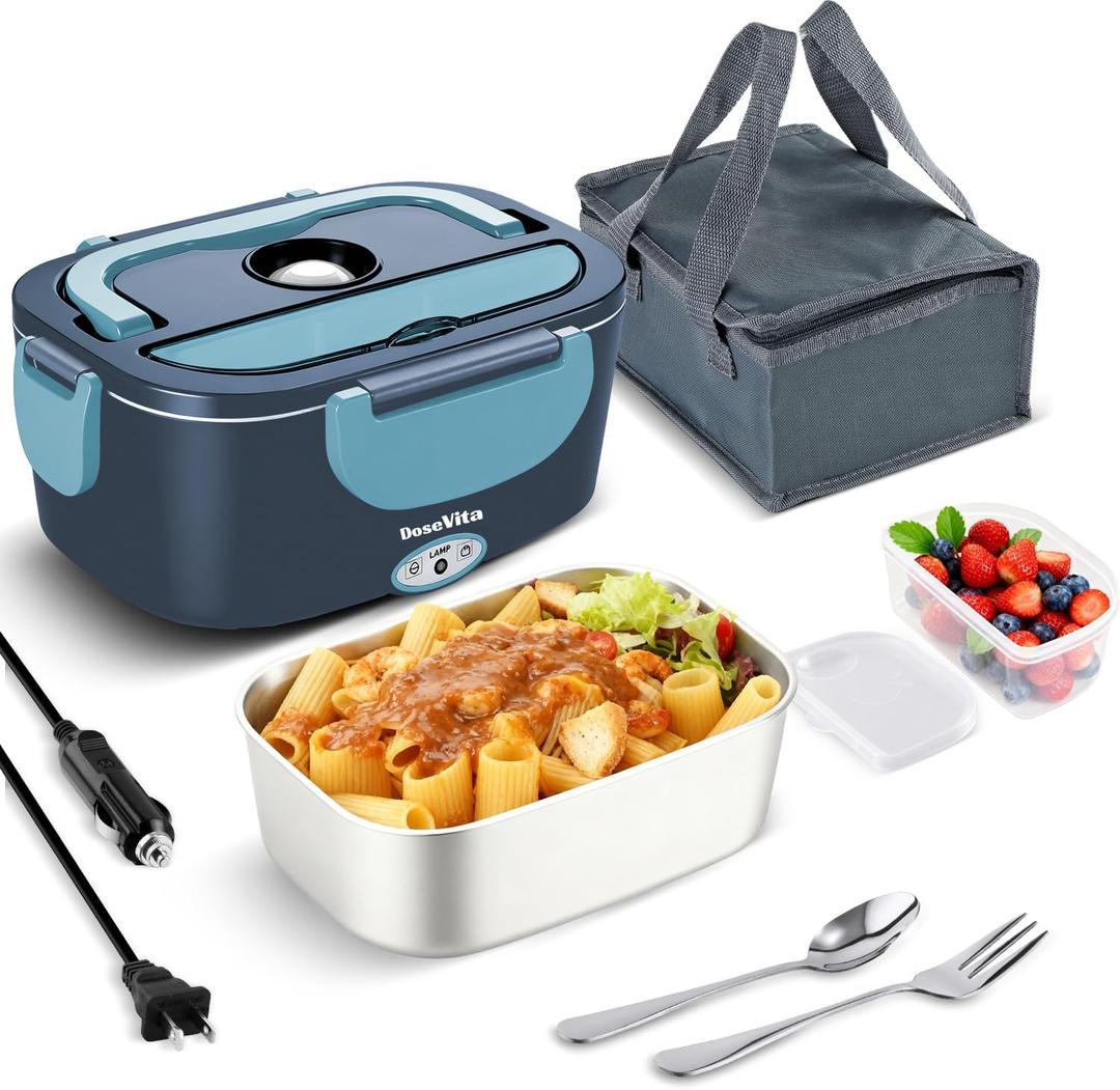 Electric Lunch Box for Adults - 80W Fast Heating, 12V/24V/110V, Dual Stainless Steel Containers, Portable for Car/Truck/Office/Outdoor (blue)