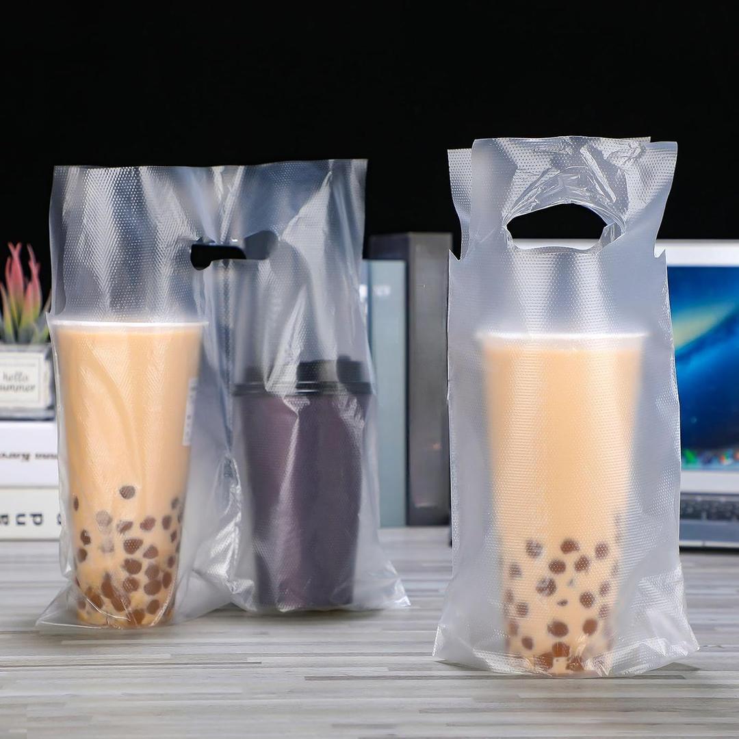 Tinlade 200 Pcs Clear Handle Drinking Poly Bags Bulk 2 Cup and 1 Cup Plastic Portable Cup Carrier Holder Bag Packaging Delivery Hanging Hole, 6.3 x 10.2, 12.2 x 10.2 Inch