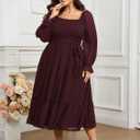SCOMCHIC Women's Plus Size Dress Long Sleeve Square Neck Swiss Dot Chiffon Smocked A Line Ruffle Cocktail Maxi Dresses (XXXL)