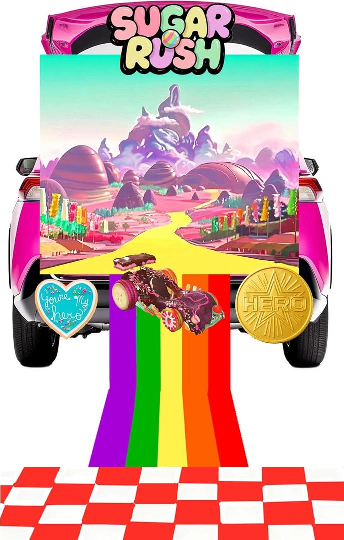 Trunk or Treat Car Decorations Kit,7 Pcs Pink Party Decor,Girls' Birthday Party,Candy Backdrop Banner,Rainbow Road,Red White Plastic Cover, with 4 Pcs Sugar Themed Stickers for SUV Truck Garage Door