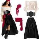 Women Pirate Costume with Peasant Blouse Off Shoulder Trumpet Sleeve Tops Victorian Steampunk Skirts (Large, Black)