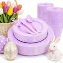KIRE 150 PCS Purple Plastic Plates - Purple Dinnerware Set Disposable 25 Dinner & 25 Salad Plates 25Forks 25Knives 25Spoons 25Clear Cups for Birthday/Baby Shower/Easter/Spring