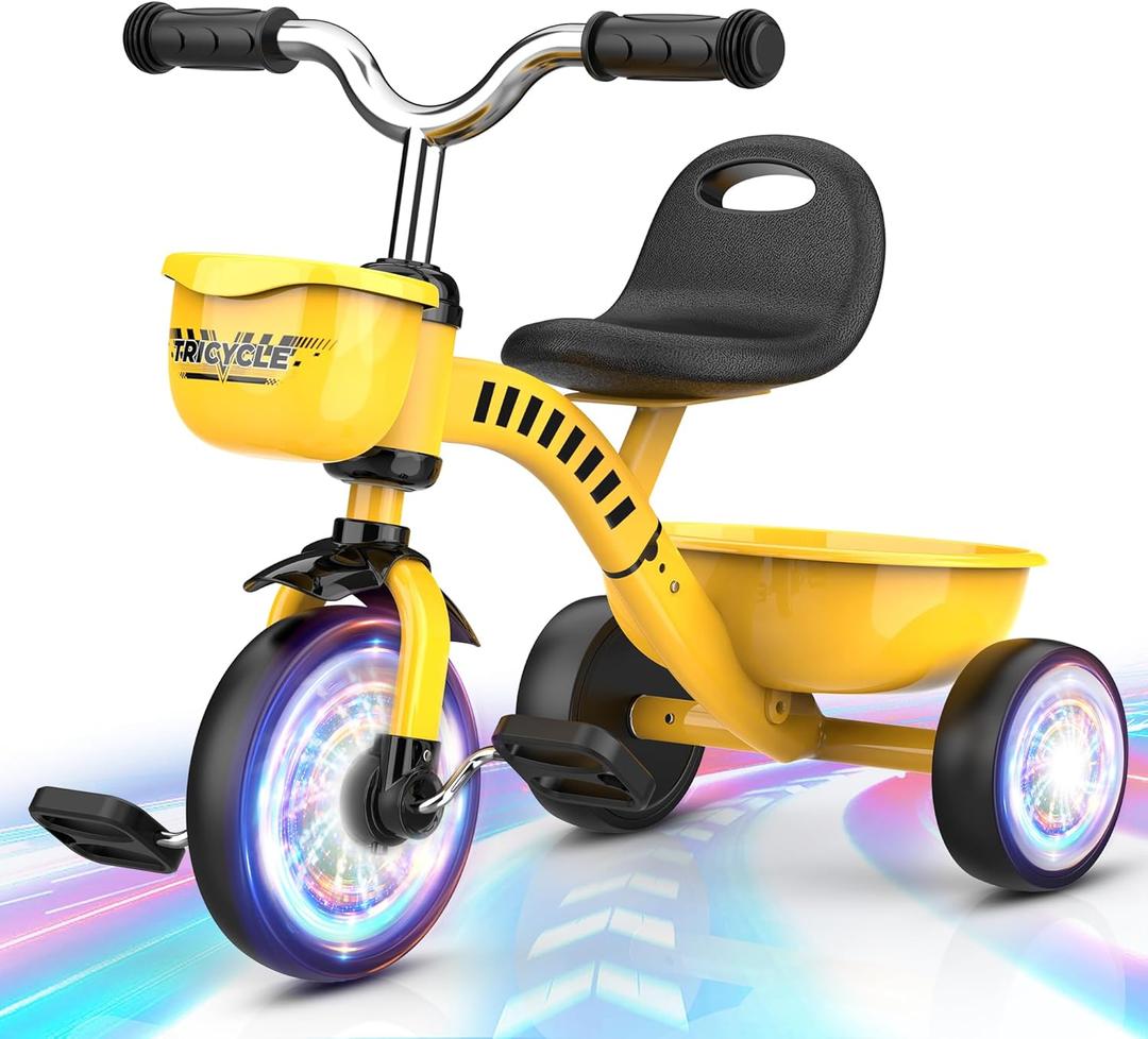Tricycle for Toddlers 1-3 3-5 Year Olds, Construction Vehicle Toys Road Set Toddler Baby Balance Bike with Colorful Lighting Wheels & Large Basket, Birthday Gift and Toy for 1 2 3 4 5 Year Olds Boys (Yellow)