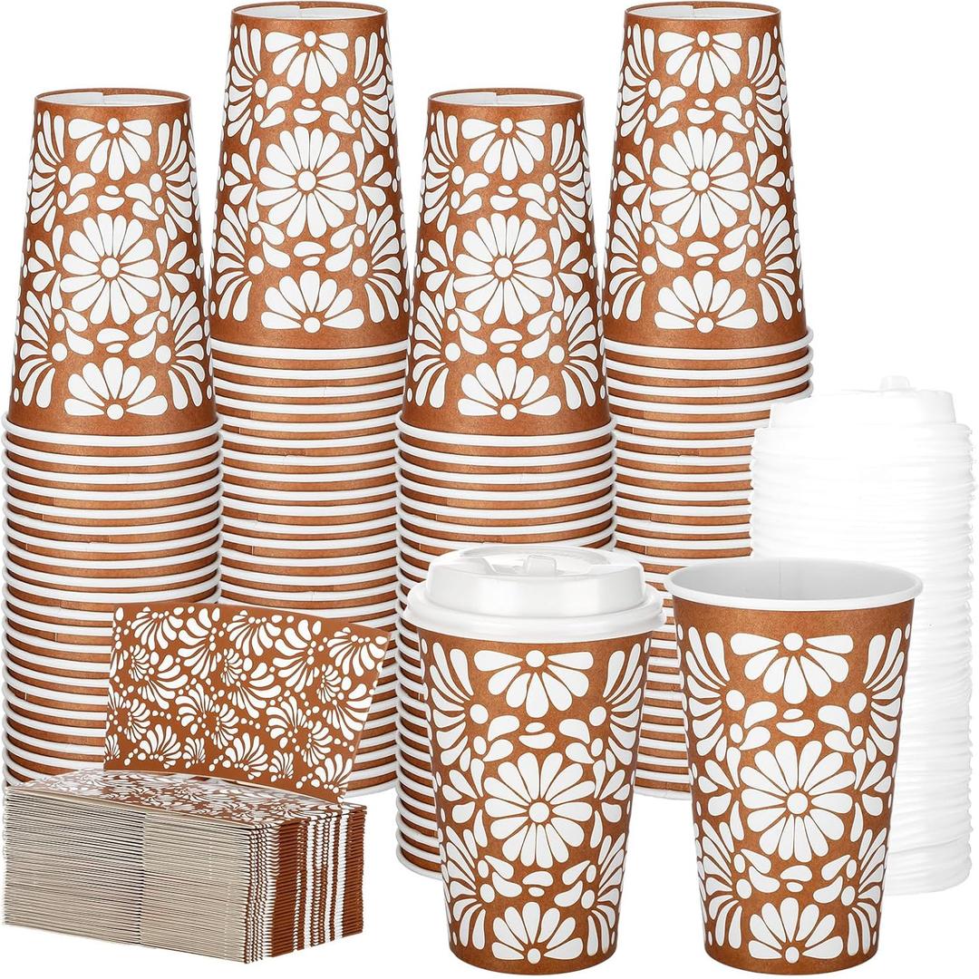 100 Sets Mexican De Barro Fiesta Coffee Cups with Lid Sleeve 12oz Cinco De Mayo Disposable Paper Cup Drink Mug for Mexican Cielito Lindo Party Supply Cafe Shop Birthday Wedding Decoration (Classic)