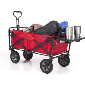 MACSPORTS Collapsible Outdoor Utility Wagon with Folding Table and Drink Holder, Bright Red