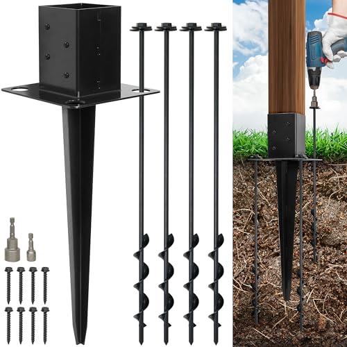 LADECH 4x4 Fence Post Anchor Ground Spike 24” Length with Ground Anchors Screw in - Metal Black Powder Coated – Mailbox Post Anchors – Fit 3.5x3.5 Standard (Black - 1 Pc)