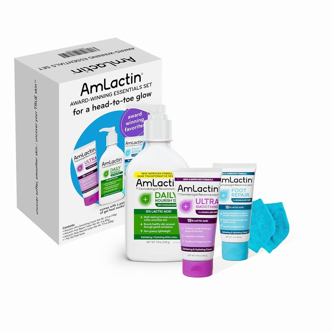 AmLactin Award-Winning Essentials Skin Care Set - Daily Nourish 12% Lotion, Ultra Smoothing Cream, Foot Repair Cream & Moisturizing Socks - Lactic Acid Moisturizer Gift Set for Whole-Body Skin Renewal