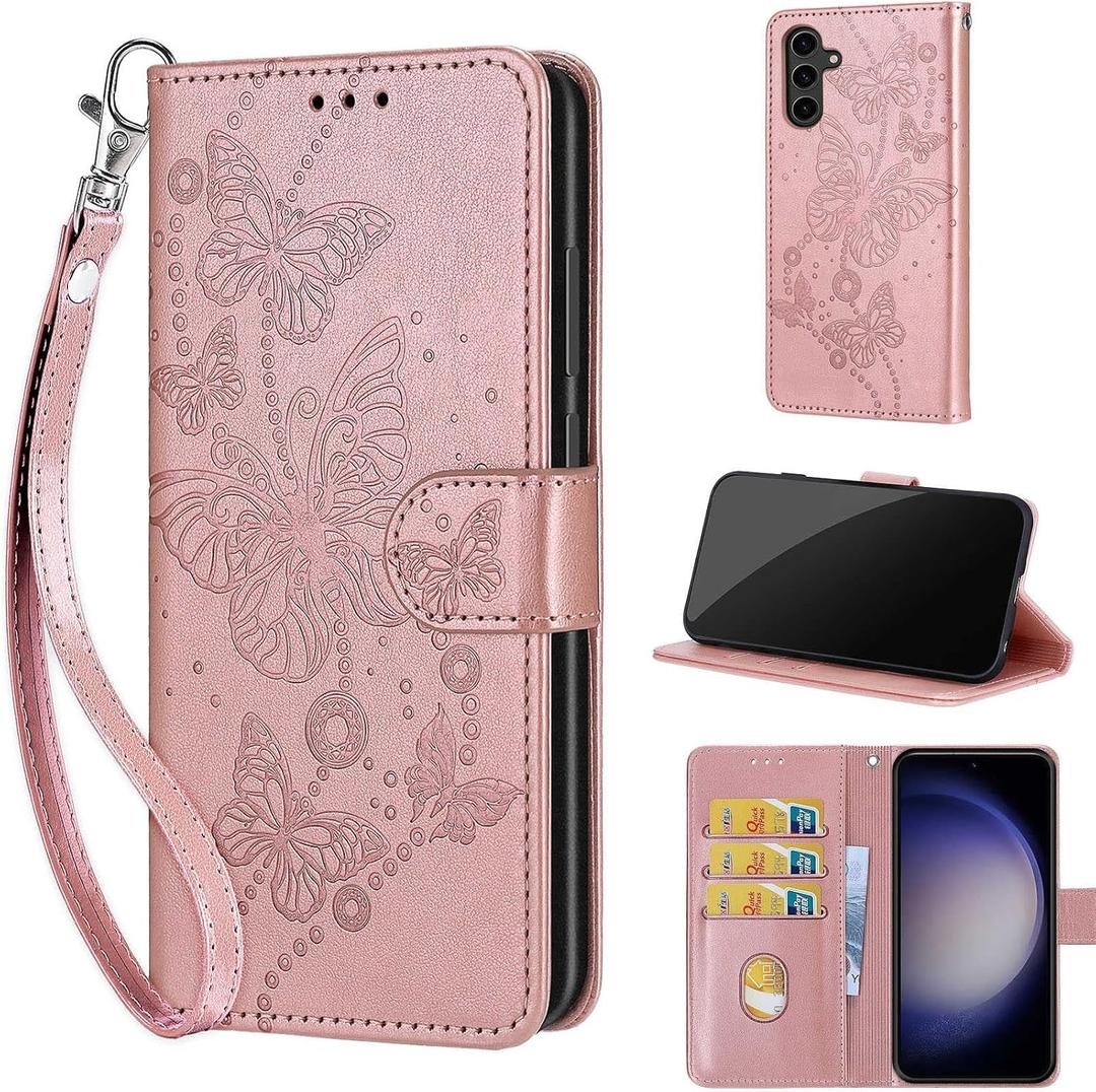 Wallet Case for Samsung Galaxy S24 Plus 6.7 inch, Rose Gold Butterfly