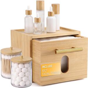 BSSN Face Towel Holder with 60 XL Disposable Wipes, Bamboo Facial Towelettes Container with Drawer and 2 Jars for Cotton Balls, XL Washcloths Organizer for Bathroom Vanity and Makeup Remover 9"L x 6.2"W x 6.1"H