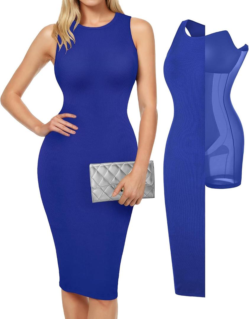 Popilush Women's Bodycon Dress Ruched Sleeveless Slimming Shapewear Casual Club Evening Party Cocktail Midi Fall Dresses