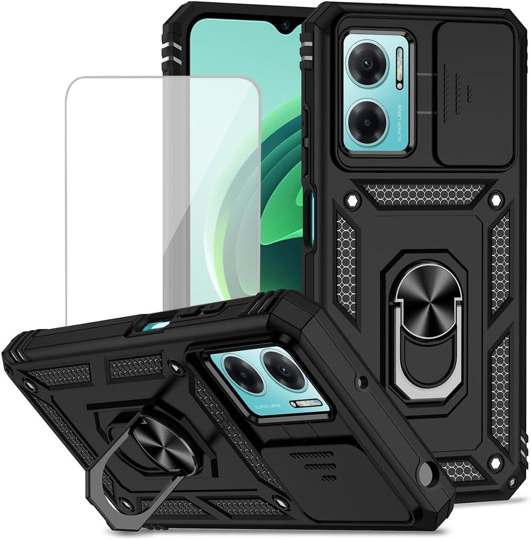 for Redmi Note 11E/Redmi10 5G/11 Prime 5G Case with Tempered Glass Screen Protector and Slide Camera Cover, Magnetic Ring Car Mount Holder Protective Cover for Xiaomi Redmi Note 11E Black