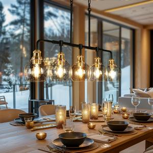 KSANA Chandeliers for Dining Room, 2 Light Linear Chandelier Modern Farmhouse Kitchen Island Light with Seeded Glass Pool Table Light for Kitchen, Dining Room, Living Room