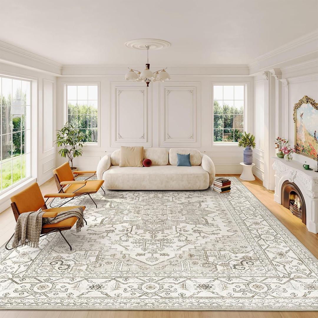 befbee 8x10 Area Rugs for Living Room, Stain Resistant Neutral Washable Rugs for Dining Room, Vintage Non-Slip Thin Large Size Beige Area Rug, Printed Vintage Home Decor Rug, Beige