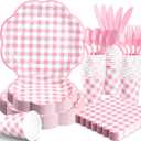 350 Pcs Pink Gingham Plates and Napkins Party Supplies - Pink and White Checkered Plates Sets Serve 50 Guests - Scalloped Gingham Paper Plate for Birthday Wedding Picnic Mother's Day Party Decorations