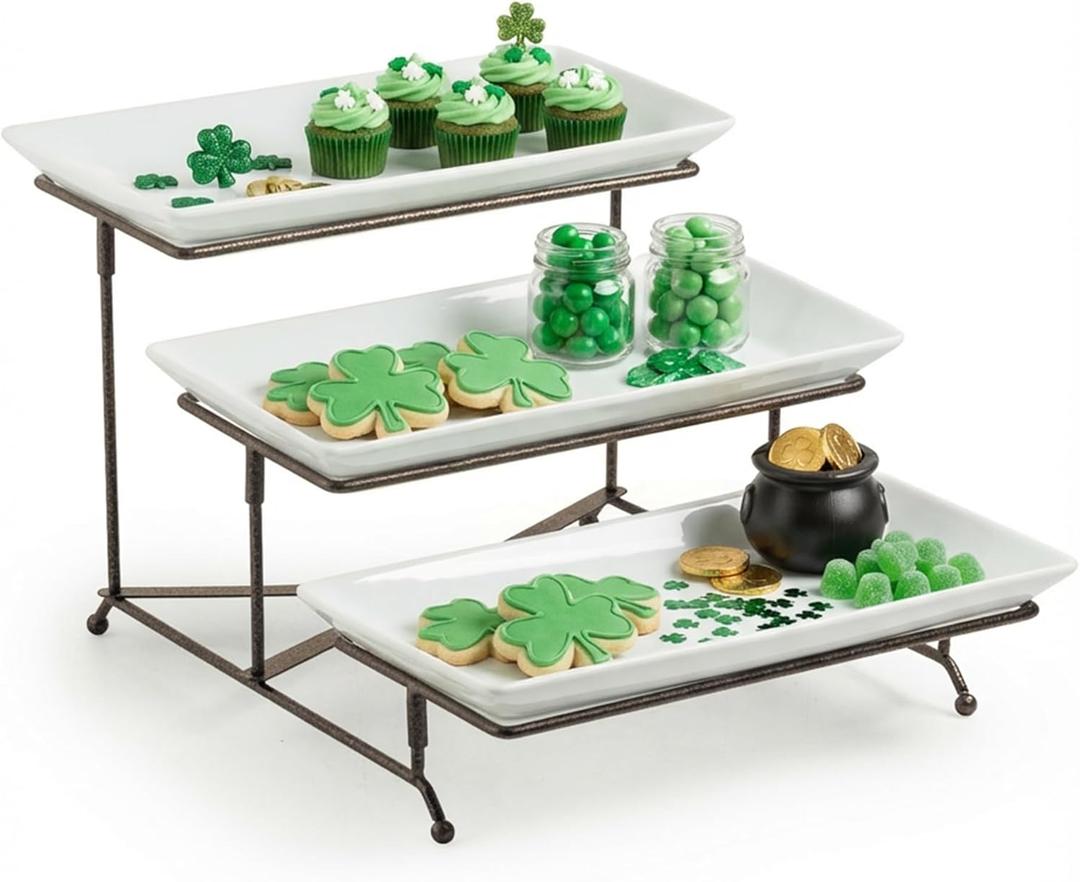 LAUCHUH 3 Tier Serving Tray for Party, Porcelain Tiered Serving Tray Stand Collapsible Sturdier Metal Rack Fruit Tray with 2 Cross Bars for St. Patrick's Day Dessert Party Display Set, 12 Inch, Bronze